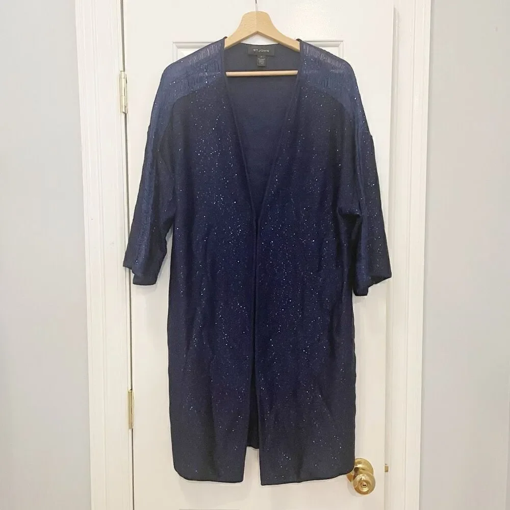 St. John Blue Knit Cardigan Coat Sequin Sparkle Size Large - Picture 1 of 8